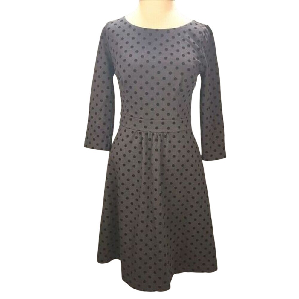Boden Women's Flocked Spot Ponte Fit & Flare Dress 6R Black 3/4 Sleeve Polka Dot